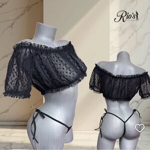Black Sheer Off-Shoulder Crop Top matching Thong